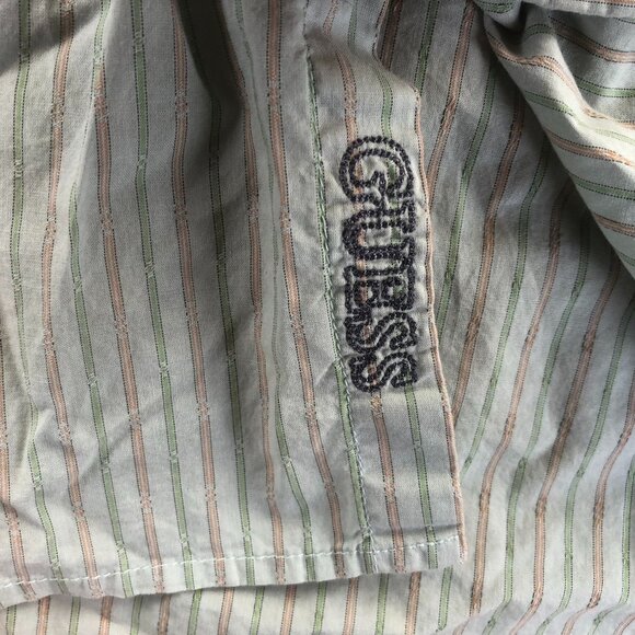 Guess Vintage Mens Shirt Medium Green Pinstriped Long Sleeve Button-Up Casual - Picture 7 of 11